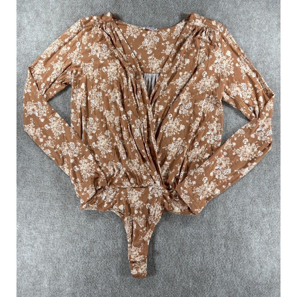 Free People Floral Surplice Wrap Long Sleeve Brown Bodysuit Top‎ Women S